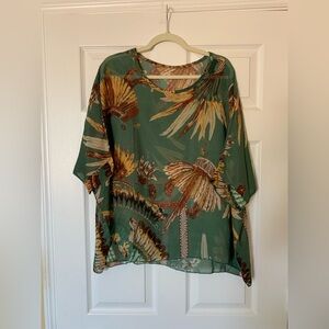 Free People Boho Sheer Green Floral Feather Print Blouse Sz L Earthy‎ Boho Artsy
